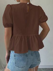 Elenzga 蝴蝶结前襟泡泡袖荷叶边上衣 - 咖啡棕 - 查看 2