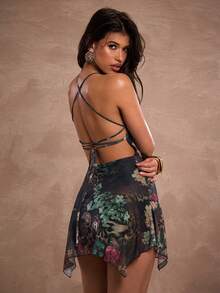 SHEIN BAE 女士时尚性感豹纹印花露背吊带迷你连衣裙 - 鏽棕色 - 查看 2