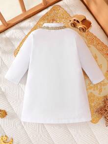 SHEIN Newborn Baby Autumn Spring Arabic Style Top, Traditional Soft Long Sleeve Top With Cute Exotic Vibe, Baby Abaya/Jalabiya, Golden Floral Trim, Full Button Front For Easy Dressing - White - View 2