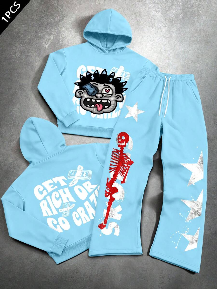 Manfinity EMRG Bộ 2 áo hoodie và quần nỉ in họa tiết đường phố thường ngày cho nam, trang phục mùa thu - Màu xanh nhạt - Xem 1