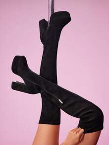 CUCCOO LuxiPop Giày bốt cao gót qua đầu gối thời trang, thanh lịch, đế dày, thiết kế khóa kéo bên hông dành cho nữ. - màu đen - Xem 11