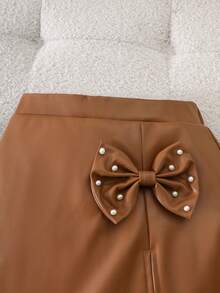 Young Girls White Woven Plain Collar Button Puff Sleeve Blouse Paired With Yellow-Brown Leather Waistband Butterfly Decor Slit Skirt Pants 2-Piece Set, Suitable For Spring/Autumn Daily, Outdoor, Party Wear - White - View 6