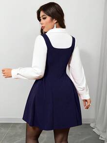 Elenzga Plus Size Women Contrast Color Casual Long Sleeve Dress - Navy Blue - View 2