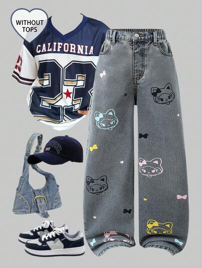 SHEIN Denimly 新款春夏女式宽松浅蓝色牛仔阔腿裤，柔软的牛仔面料如云朵般轻盈，饰有心形刺绣细节，弹性腰带设计穿着舒适，适合校园、街头、约会、户外活动和日常穿着。