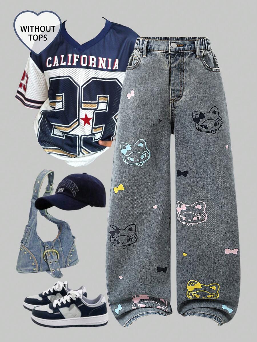 SHEIN Denimly 新款春夏女式宽松浅蓝色牛仔阔腿裤，柔软的牛仔面料如云朵般轻盈，饰有心形刺绣细节，弹性腰带设计穿着舒适，适合校园、街头、约会、户外活动和日常穿着。 - 中等水洗藍 - 查看 1