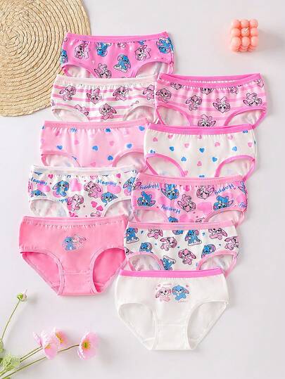 SHEIN Young Girls Panties-10 Pack Cute Cartoon Print Briefs Pink And White Hearts Bunny Pattern Comfortable Stretch Elastic Waistband Everyday Wear Four Seasons 2026 Holiday Essential Gift Set Cute Underwear Set