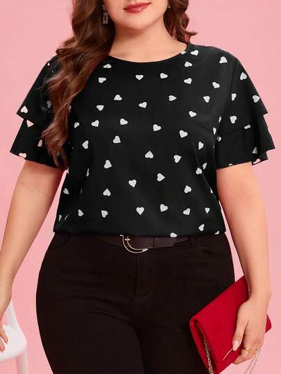 SHEIN Clasi Plus Size Summer Casual Commuter Heart Print Round Neck Ruffle Trim Blouse, Going Out Tops