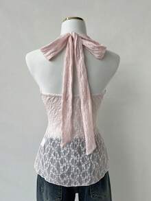Elamini New Sweet & Elegant V-Neck Spaghetti Strap Lace Sleeveless Camisole For Summer - Pink - View 2
