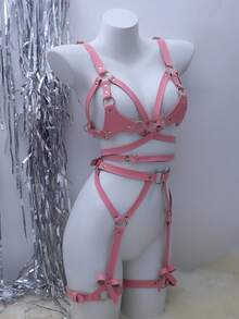SHEIN 2pcs Sexy Lingerie Set With Leather Decor, Valentine's Day - Pink - View 3