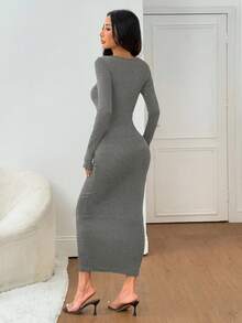 SHEIN PETITE Women's Fall/Winter Basic Knit Grey Fitted Square Neck Long Sleeve Dress Women Long Sleeve Dress Bodycon Maxi Dress Women Long Bodycon Dress Long Tight Dress Stretchy Dress Women - Light Grey - View 2