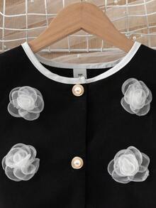 2pcs/Set Tween Girls Organza Floral Decor Black Tank Top And Contrast Button Accent White Wide Leg Pants,Black And White Summer Tea Party Jumpsuit - Black and White - View 4
