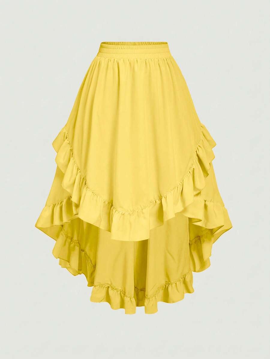 SHEIN MOD Große Größen Damen Schwarzer Rüschen-Saum Rock, Vintage Schwarzer Lagen-Rock - Gelb - Übersicht 1