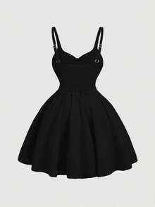 SHEIN MOD 大码女式无袖褶皱胸前纽扣装饰下摆连衣裙 - 黑色 - 查看 2
