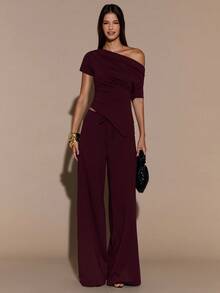 SHEIN BAE 秋冬纯色棕色性感不对称肩短袖上衣和裤子两件套；秋冬保暖加厚针织两件套；基础款针织不对称肩上衣 - 紫紅色 - 查看 3