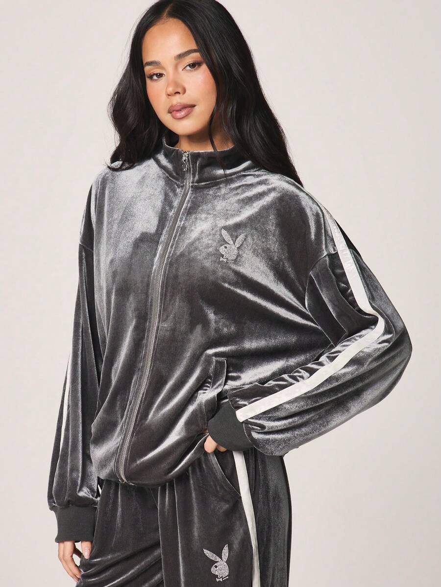 Missguided x Playboy 天鹅绒拉链卫衣，侧边饰有条纹和水钻logo，适合休闲冬季穿着 - 灰色 - 查看 1