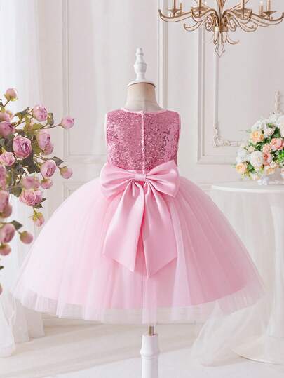 Glamorique Kids Girls' Gold Sequin Tulle Puff Dress, Satin Butterfly Decor Sleeveless, Suitable For Halloween, Christmas, Birthday, Wedding Guest, Party