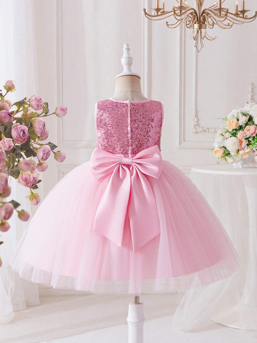 Glamorique Kids Girls' Gold Sequin Tulle Puff Dress, Satin Butterfly Decor Sleeveless, Suitable For Halloween, Christmas, Birthday, Wedding Guest, Party - Baby Pink - View 1