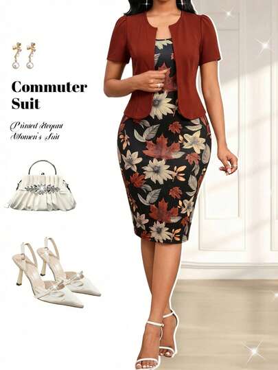 SHEIN Lady Conjunto de vestido y chaqueta ajustados con estampado floral vintage elegante para mujer, 2 piezas