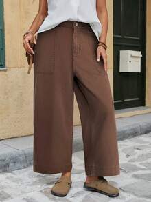 EMERY ROSE Mature Denim Plus Size Casual Everyday Solid Color Loose Straight Leg Jeans With Large Pockets - Brown - View 4