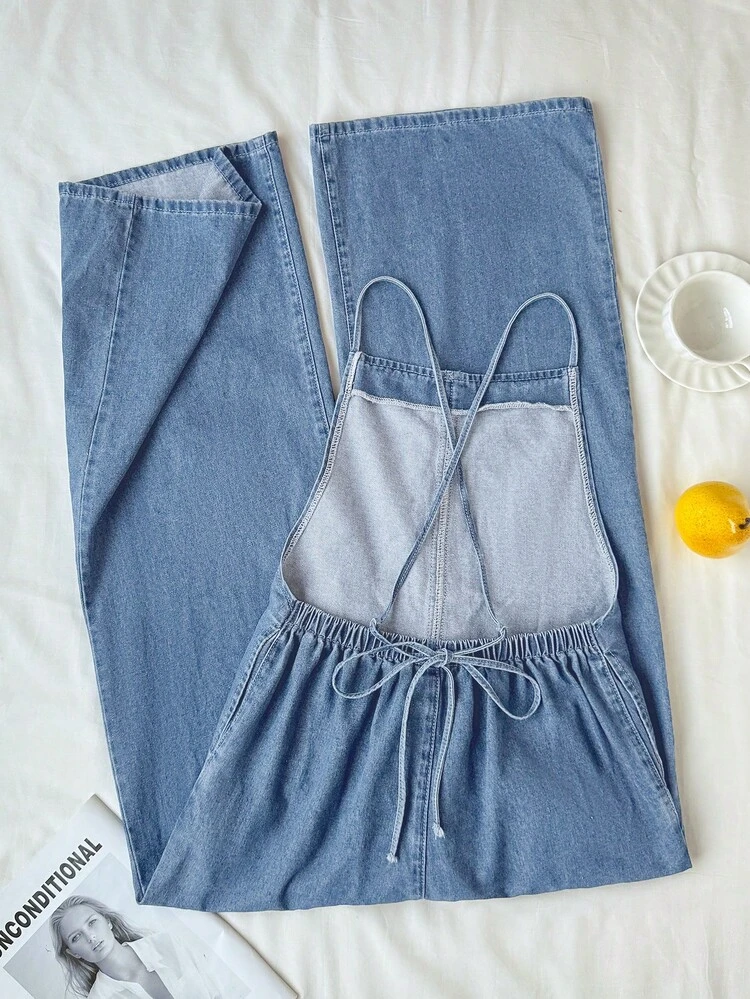 Comfortcana Women's Solid Color Spaghetti Strap Sleeveless Denim Jumpsuit - Light Wash - View 2