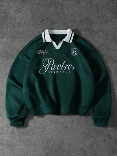 PAVTROS Men's Dropped Shoulder Letter Print Long Sleeve Fashionable Personalized Pullover Pullover Sweatshirt Boston Jersey Flannel 90s Sporty Sweater Men Jerseys For Men Y2k Academia Clothes Men Rugby Shirt