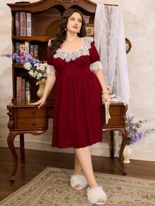 Côtesoire Camisón corto de manga corta con parches de encaje jacquard y corte evasé para tallas grandes - Rojo violeta - Ver 4