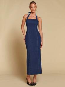 COSMINA Vestido largo de mezclilla con cuello de halter y ajuste ceñido para mujer, versátil para ir al trabajo, la oficina, uso diario y todas las estaciones - Azul lavado medio - Ver 5