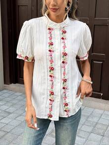 Pariaura Women's Summer Valentine's Day Romantic And Elegant Stand Collar Short Sleeve Sweet Floral Lace Trim Textured Fabric Open-Front Casual Versatile Shirt - Apricot - View 4