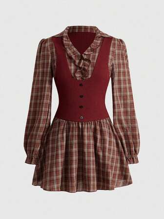 Vintage kariertes tailliertes A-Linien Minikleid