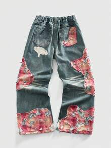 ROMWE MEN Teenage Boy Casual Loose Fit Pockets Embroidered Wide Leg Jeans - Dark Wash - View 2
