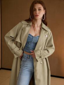 MOTF PREMIUM Áo khoác trench coat cổ ve hai hàng khuy - Màu Khaki - Xem 4
