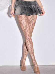 ROMWE Goth 黑色花卉图案高弹性感女士连裤袜/紧身裤/打底裤 - 棕色 - 查看 2