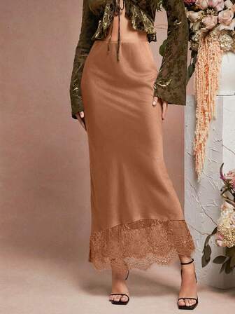 L'Amorae Falda lápiz elegante de cintura alta de unicolor con encaje de contraste para mujer