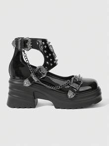 ROMWE Goth 2025 新款时尚春秋朋克风格 PU 皮革圆头玛丽珍鞋，厚底粗跟，蝴蝶结和铆钉装饰，女士休闲平底鞋 - 黑色 - 查看 4