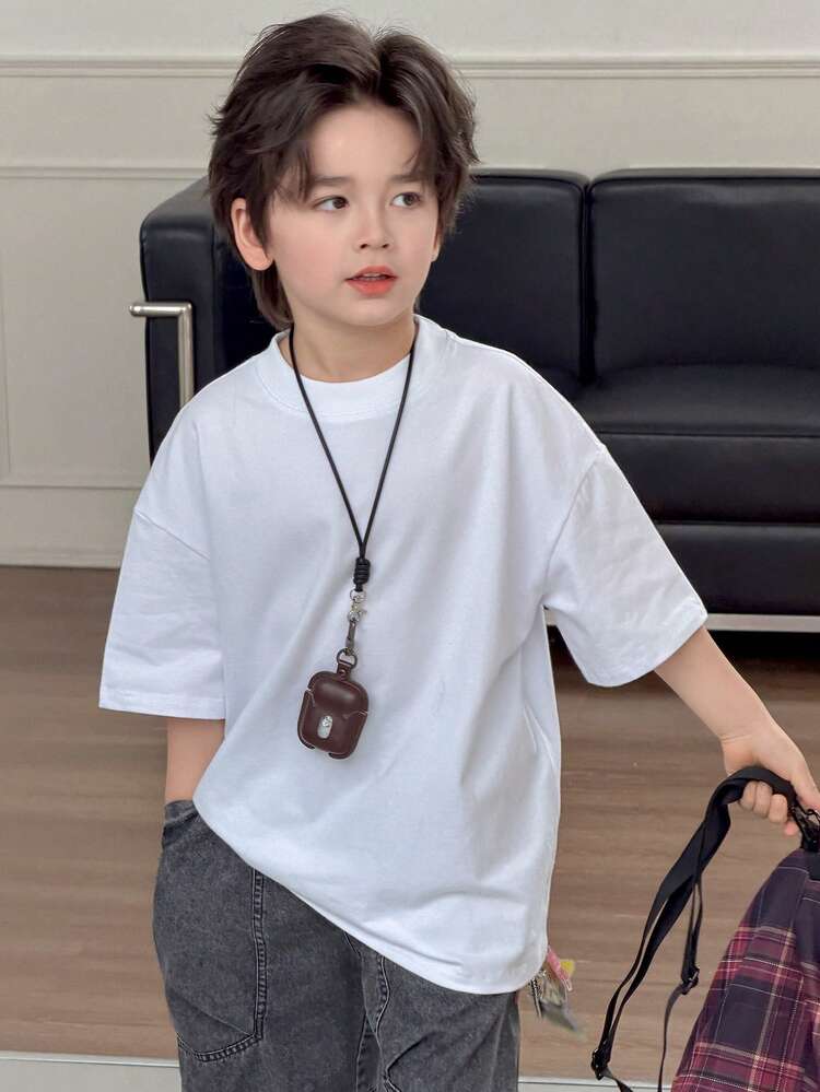 Tween Boy Solid Color Round Neck Drop Shoulder Short Sleeve Casual Loose T-Shirt Spring Summer