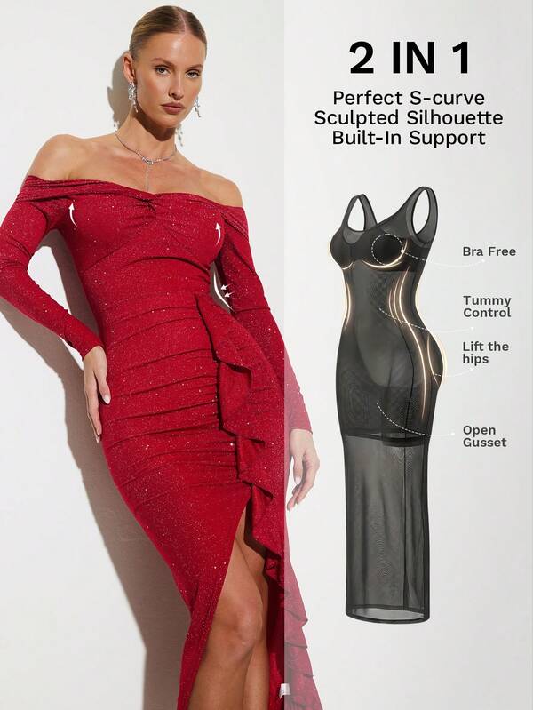 Nuvra Women's Long Sleeve Double Layer Tummy Control Shapewear Dress With Lining, Slimming Waist And Lifting Butt, Full Length Body Shaper Dress