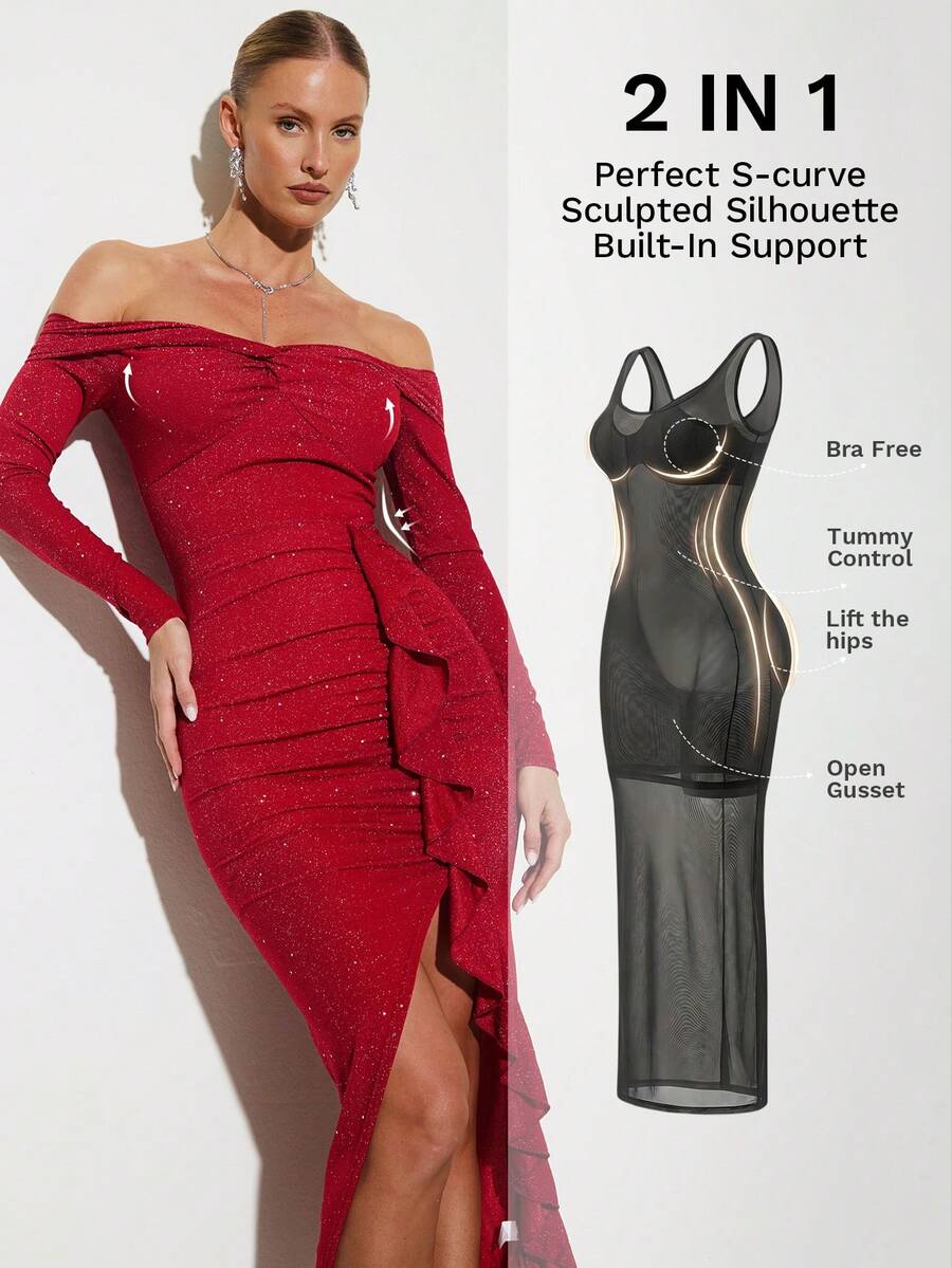 Nuvra 女式长袖双层收腹塑身衣，带衬里，收腰提臀，全长塑身衣 - 紅色 - 查看 1