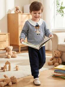 Souflis Souflis 2pcs/Set Young BoyRetro 2025 Autumn/Winter Thickened Light Gray Sweatshirt & Navy Casual Sweatpants Suit - Multicolor - View 7