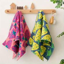 Joivida 1pc Super Absorbent Large Rectangular Face Towel And Bath Towel, With Strawberry, Lime, And Watermelon Patterns (Pink, Green, Green) - Thick Hanging Hand Towel, Dishwasher Towel, Cute Fruit Pattern, Household Absorbent Cloth With A Gauze Like Texture, Suitable For Sensitive Skin
