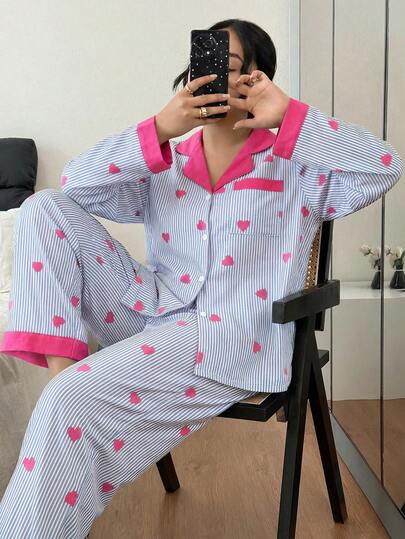 SHEIN Plus Size Contrast Color Collar Ruffle Heart Striped Long Sleeve Pajama Set