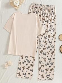 SHEIN 少女豹纹蝴蝶结印花短袖上衣和裤子家居服套装，适合甜美、优雅、热爱时尚的女孩 - 杏色 - 查看 2