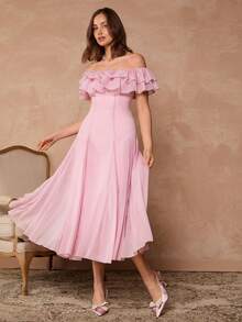 Enchnt Robe mi-longue à épaules dénudées, volants à l'ourlet, couleur unie pour femmes