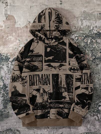 BATMAN X SHEIN 85th Unisex Casual Loose Knit Vintage Poster Print Hooded Sweatshirt, Autumn/Winter