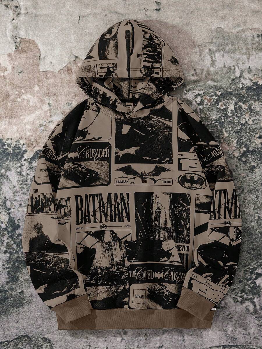 BATMAN X SHEIN 85th Unisex Casual Loose Knit Vintage Poster Print Hooded Sweatshirt, Autumn/Winter - Coffee Brown - View 1