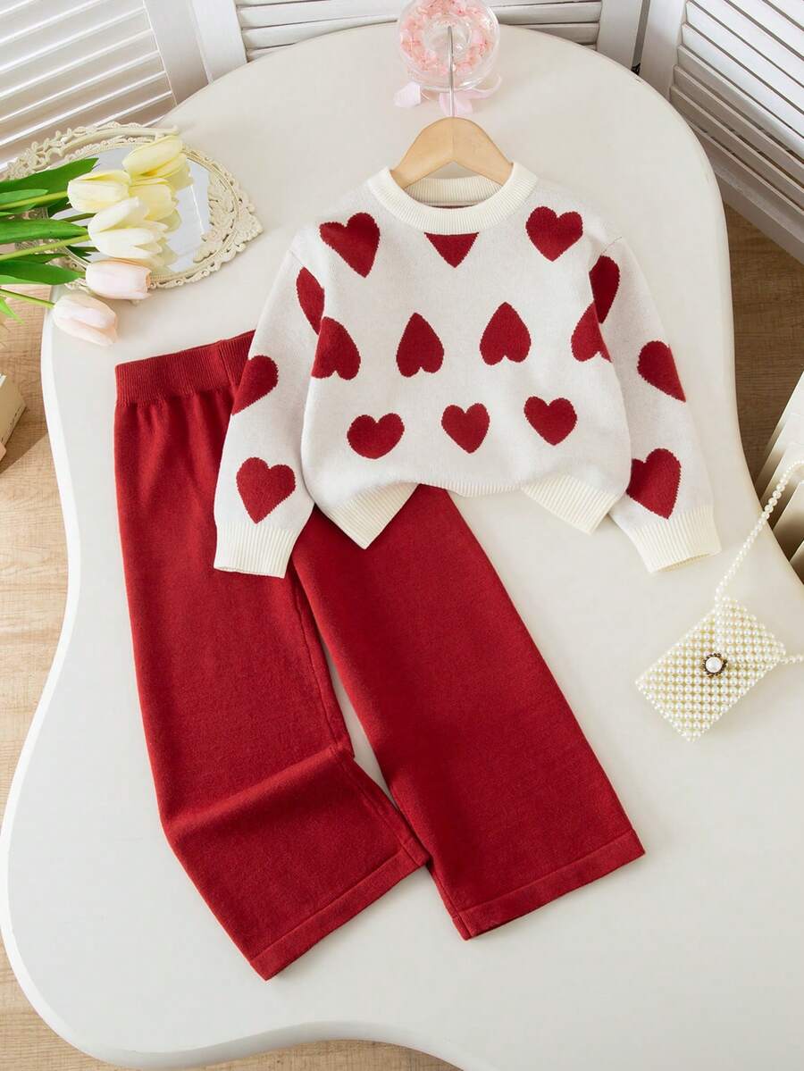 Genkimix Kids Girls Young Girl Heart Pattern Jacquard Knit Sweater & Black Pants 2-Piece Set, Autumn/Winter Girls Sweater Sets Winter Young Girls Sets Two Piece Pants Set Kids Red Two Piece Outfit Kids Girl Knit Set - Burgundy - View 1