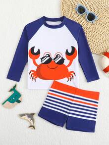 SHEIN Young Boy Crab Print Contrast Color Raglan Sleeve Two-Piece Swimsuit Set, Suitable For Beach & Swimming Boys Rash Guard Set Boy Swimsuit Set Long Sleeve Boy Swim Trunks Set Shirt Beach Wear For Boys Little Boy Bathing Suites Bottoms Boy Swim Set Boys Swim Rash Guard Toddler Rash Guard Boys Long Sleeve Swim Toddler Swim Shirt Little Boy Swim Wear Boys Long Sleeve Swimsuit Long Sleeve Rash Guard Beach Wear For Kids Boy Beach Wear Boys Rash Guard Top Boys Cruise Clothes - Multicolor - View 2