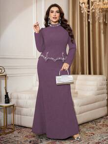 Modelyn Plus Size Elegant Rhinestone & Faux Pearl Decor Fish Tail Hem Dress, Summer - Purple - View 6