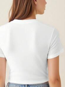 Resyla Camiseta casual de mujer con cuello redondo y bordado floral - BLANCO - Ver 2