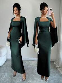 Elenzga Elegant & Refined Pearl Decor Bodycon Waist Dress For Women - Dark Green - View 1
