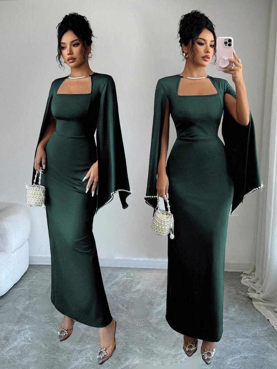 Elenzga Elegant & Refined Pearl Decor Bodycon Waist Dress For Women - Dark Green - View 1